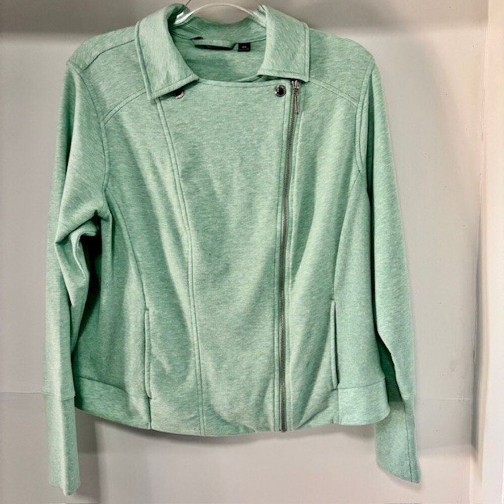 H For Halston Green Wash Knit Long Sleeve Moto Zip Jacket 18W Athleisure Chic